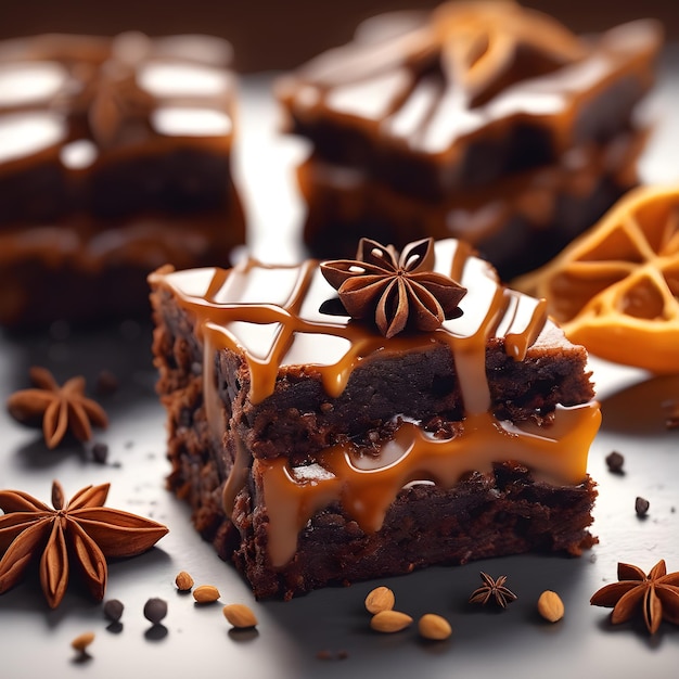 Um brownie caramelo com especiarias decorativas canela anis estrela e cravo