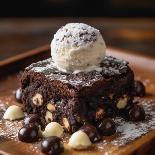 Um brownie com uma bola de sorvete de baunilha por cima.