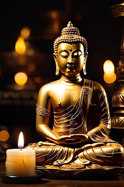 Um Buda dourado senta-se na frente de uma vela acesa gerada pela IA