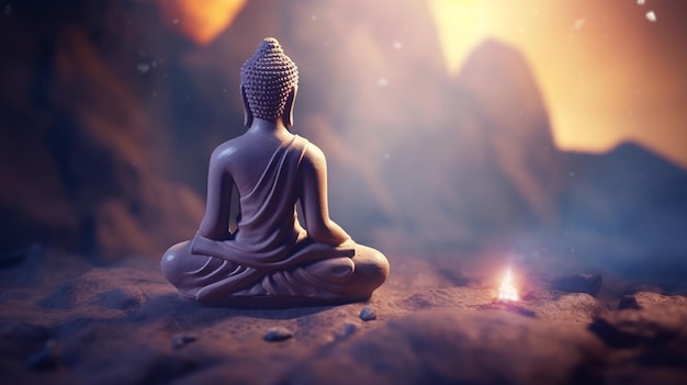 Um buda está sentado em uma pose de meditação com uma fogueira ao fundo.