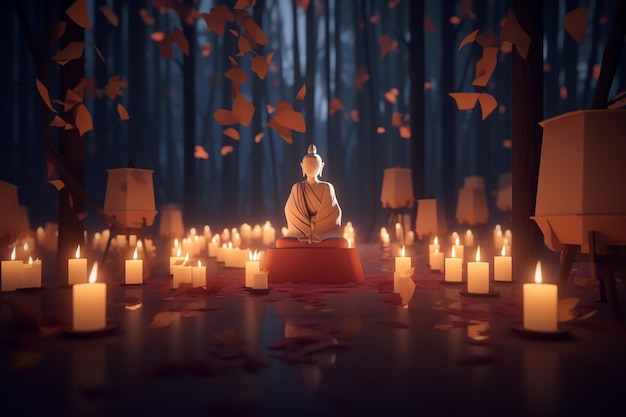 Um Buda iluminado cercado por velas em uma floresta