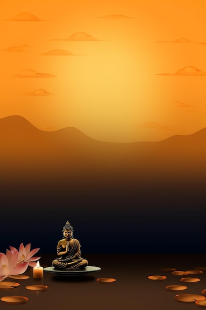 Foto um buda senta-se em vesak buddha purnima dia com espaço de cópia pano de fundo para o dia do festival de vesak