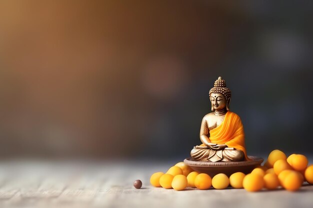 Um buda senta-se em vesak buddha purnima dia com espaço de cópia pano de fundo para o dia do festival de vesak