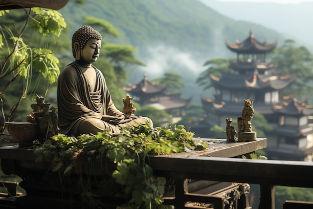 Um buda senta-se na montanha com uma flor de lótus e velas Fundo para a celebração de vesak Dia de Vesak