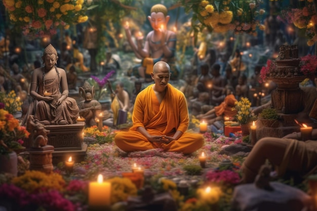 Um buda senta-se no jardim com uma flor de lótus e velas Fundo para a celebração do festival vesak Dia de Vesak