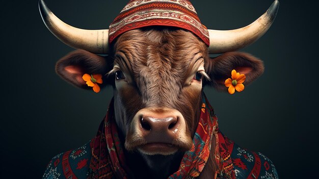 Foto um búfalo com um pequeno chapéu de cowboy e papel de parede de bandana