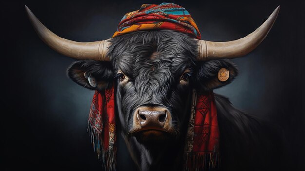 Foto um búfalo com um pequeno chapéu de cowboy e papel de parede de bandana