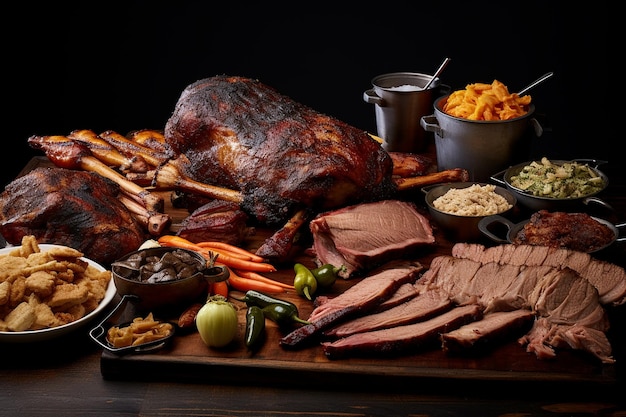 Foto um buffet de churrasco espalhado com costelas de porco e peito de porco
