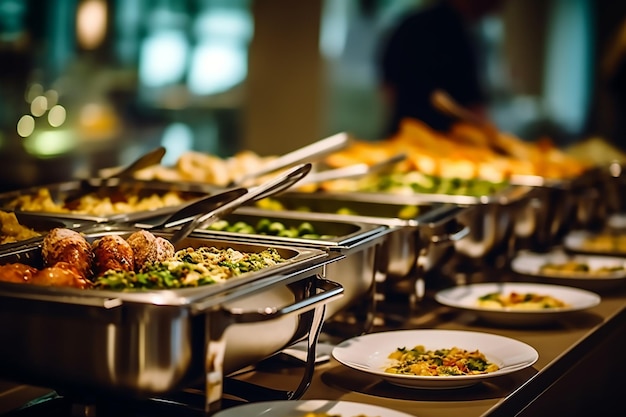 Um buffet de comida em uma mesa de buffet