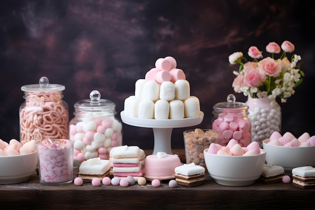 Um buffet de sobremesas com tema de marshmallow com uma variedade de doces