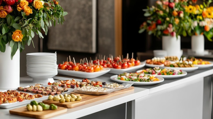 Foto um buffet elegante com aperitivos variados e flores frescas em uma celebração