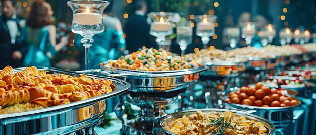 Foto um buffet extravagante para uma ocasião especial, com uma variedade de pratos gourmet e aperitivos ideais para eventos de celebração.