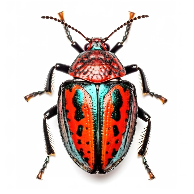Um bug colorido com um padrão preto e vermelho.