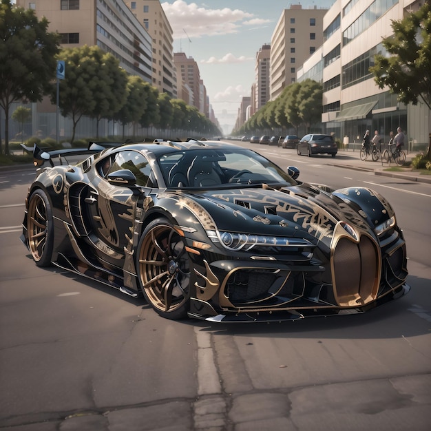 Um bugatti veyron preto está dirigindo pela rua.