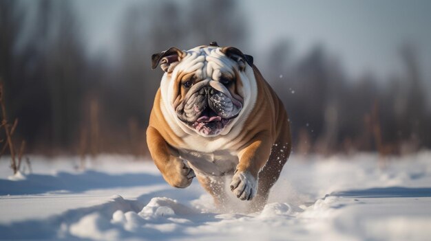 Um buldogue corre pela neve no inverno.