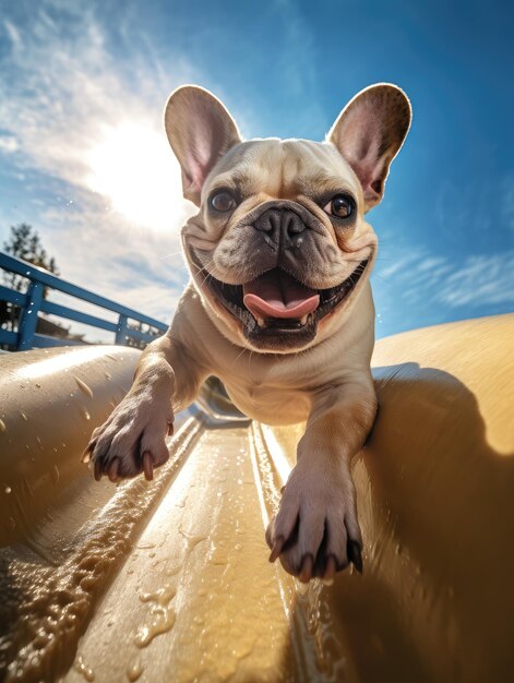 um buldogue francês desliza pelo toboágua em um parque aquático gerado por ai