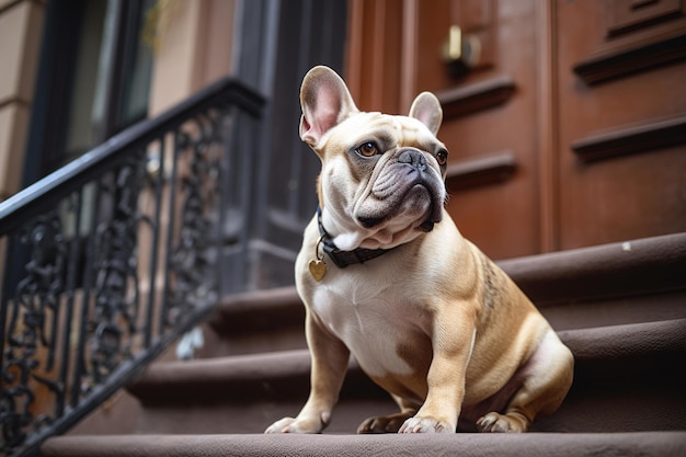 Um buldogue francês senta-se nos degraus de uma casa.