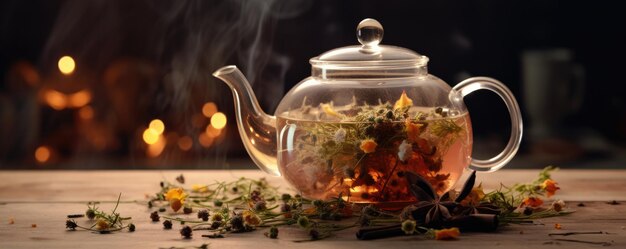 Um bule cheio de chá quente e ervas colocado sobre a mesa IA generativa