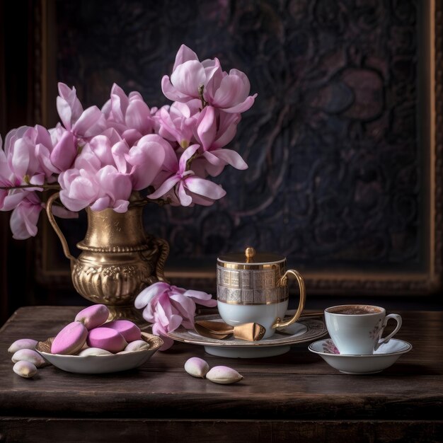 Um bule de chá dourado com flores cor de rosa e um jogo de chá dourado com biscoitos sobre uma mesa.