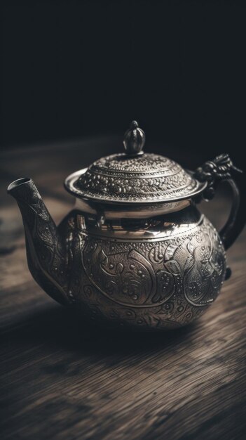 Um bule de chá prateado sobre uma mesa de madeira Imagem generativa de IA