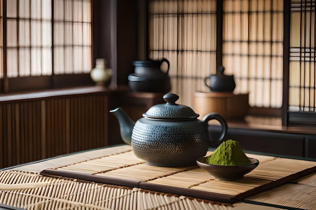 Um bule de chá sobre uma mesa com uma tigela de chá verde.