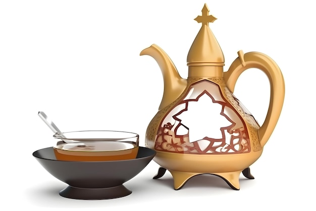 Um bule de ouro com uma colher ao lado e uma xícara de chá