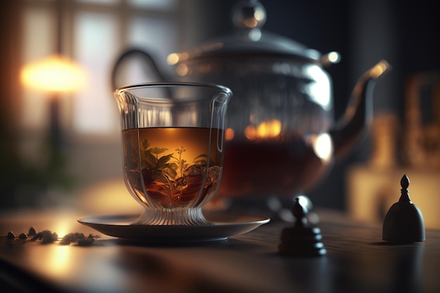 Um bule e um copo de chá estão sobre uma mesa em frente a uma janela.