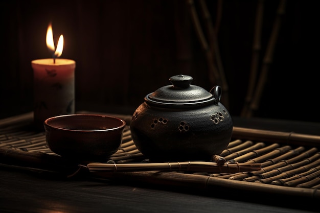 Um bule e uma xícara de chá estão sobre uma mesa ao lado de uma vela.