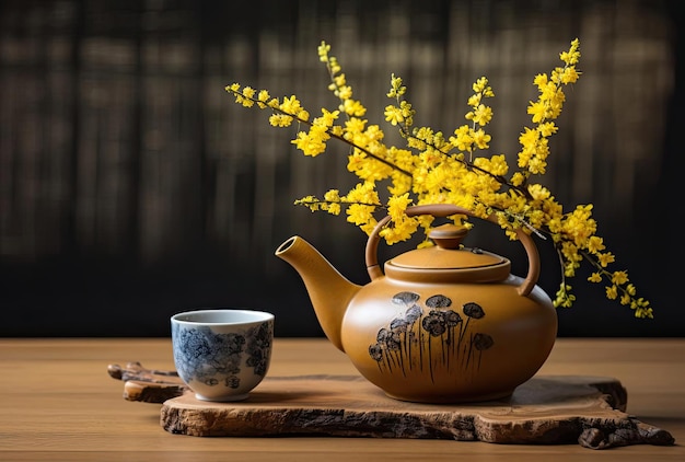 um bule fica sobre uma mesa de madeira com flores amarelas no estilo gongbi