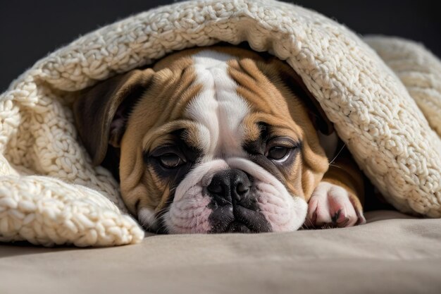 Um bulldog adormecido aconchegado num cobertor aconchego