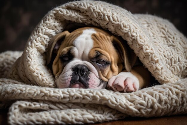 Um bulldog adormecido aconchegado num cobertor aconchego