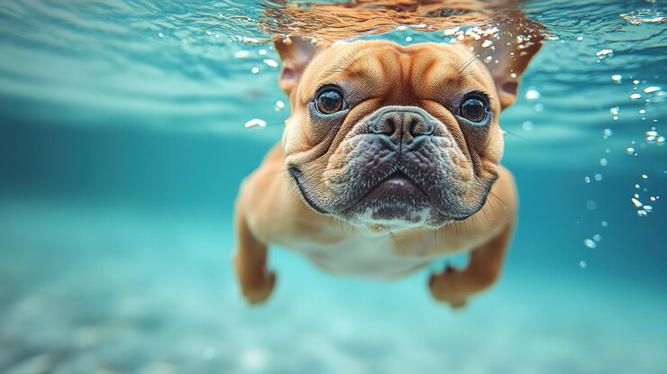 Foto um bulldog francês alegre nada debaixo d'água explorando brincadeiramente seus arredores aquáticos