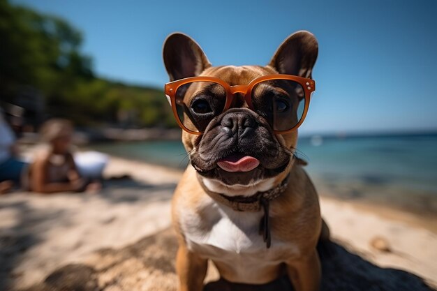 Um bulldog francês brincalhão usando óculos de sol laranja descansando em uma praia ensolarada