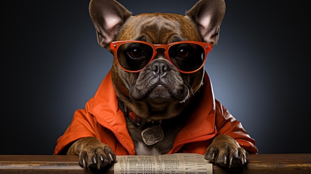 um bulldog francês engraçado e bonito segurando um cartaz enquanto uma foto é tirada
