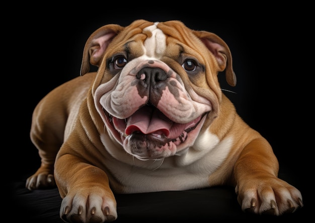 Um Bulldog Inglês com a língua de fora fazendo uma pausa em uma sessão de brincadeira