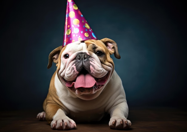 Um Bulldog Inglês usando um chapéu de aniversário comemorando um dia especial