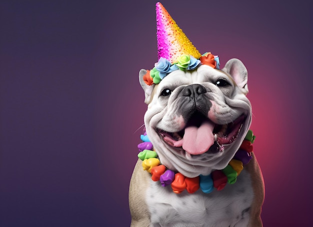 Um bulldog usando um chapéu de festa e um chapéu colorido do arco-íris.