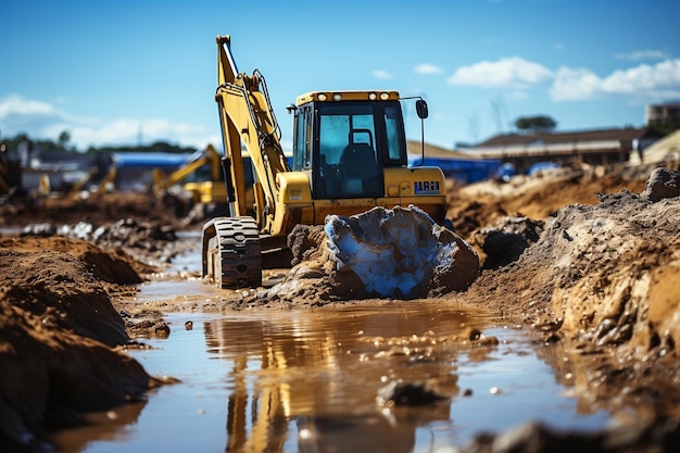 Um bulldozer amarelo e uma escavadeira amarela em um canteiro de obras AI