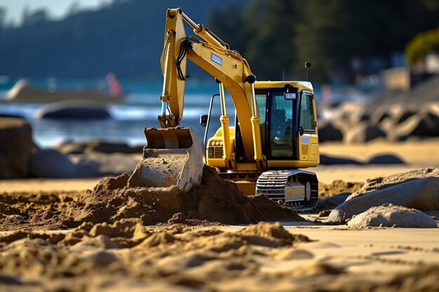 Um bulldozer amarelo e uma escavadeira amarela em um canteiro de obras AI