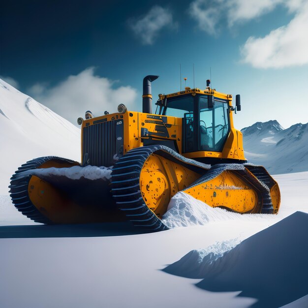 Um bulldozer amarelo está na neve com a palavra " neve " na frente.