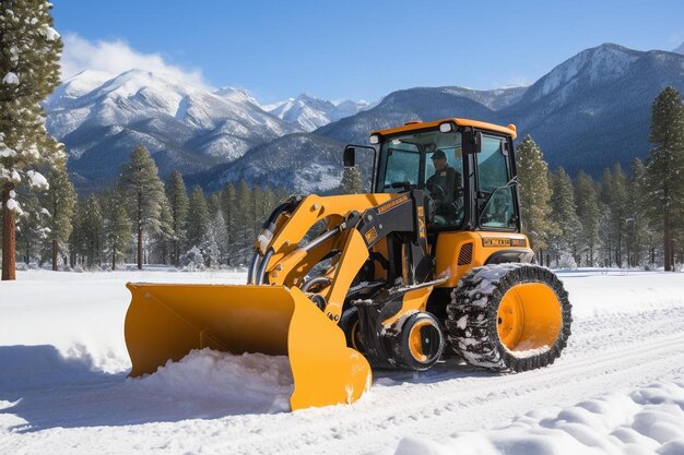 Um bulldozer amarelo está na neve.