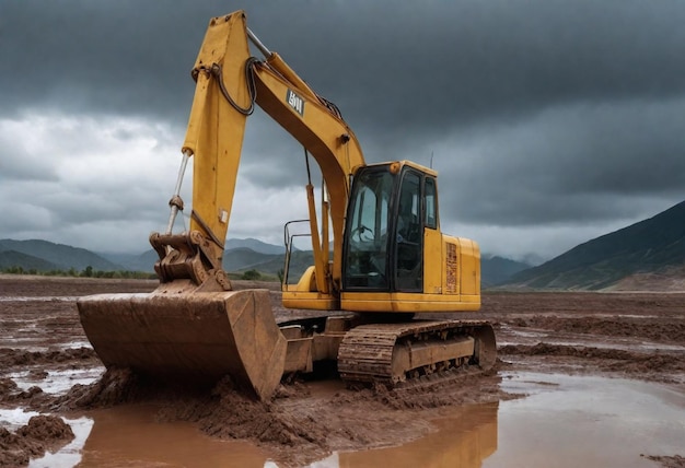 um bulldozer amarelo está sentado na lama