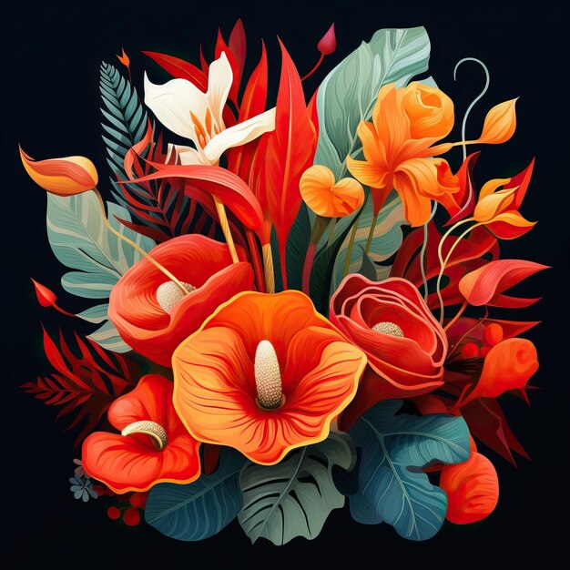 Um buquê artístico que mistura tulipas laranjas vívidas, antúrios vermelhos de fogo e folhas de palmeiras tropicais