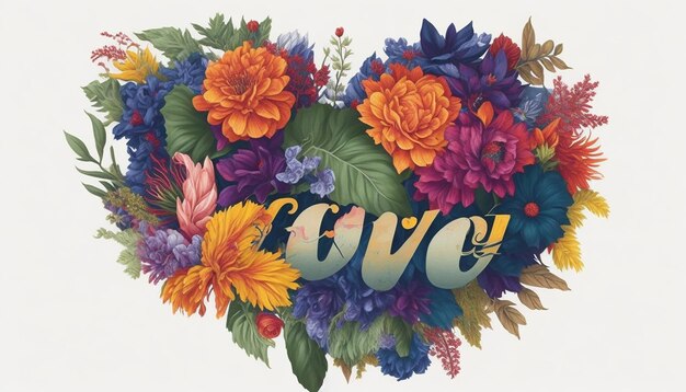 Um buquê colorido de flores com a palavra amor escrita nele.