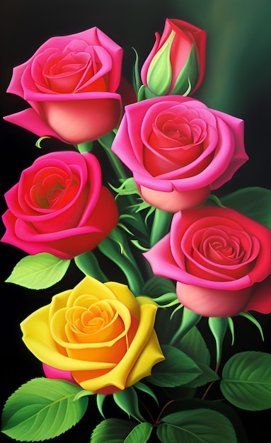 Um buquê colorido de rosas é exibido.