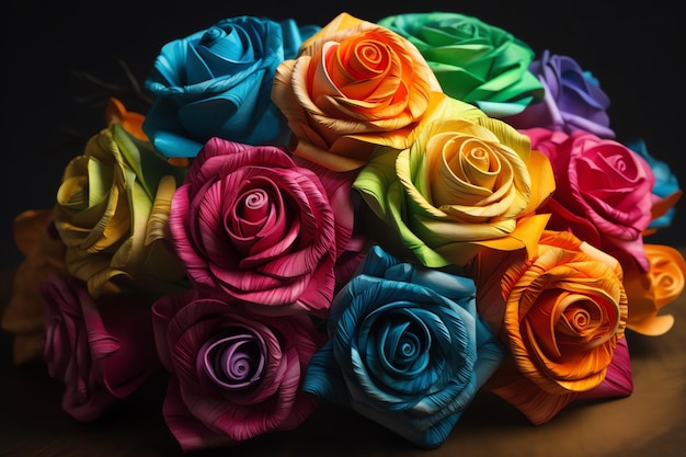 Um buquê de arte de papel de rosas coloridas do arco-íris