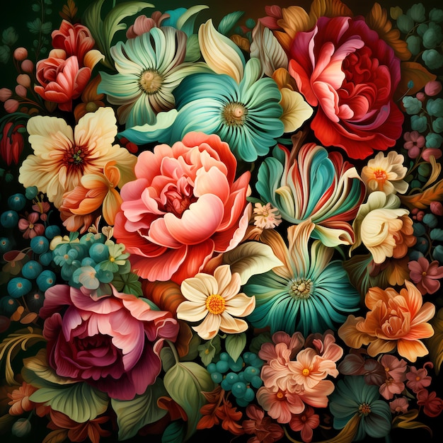 Um buquê de arte digital de flores coloridas em um fundo preto