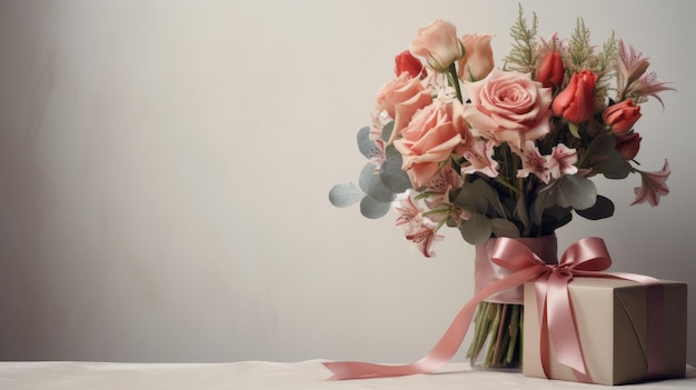 Um buquê de belas flores em um vaso na mesa ao lado de uma caixa de presentes