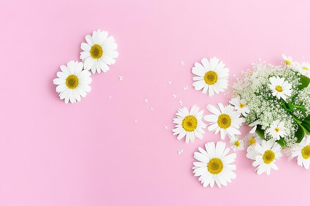 Foto um buquê de camomila em um fundo rosa pastel com vazio