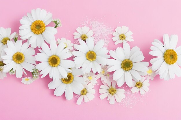 Foto um buquê de camomila em um fundo rosa pastel com vazio